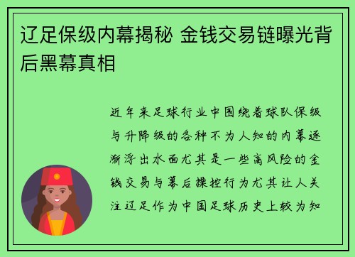 辽足保级内幕揭秘 金钱交易链曝光背后黑幕真相 辽足保级内幕揭秘 金钱交易链曝光背后黑幕真相